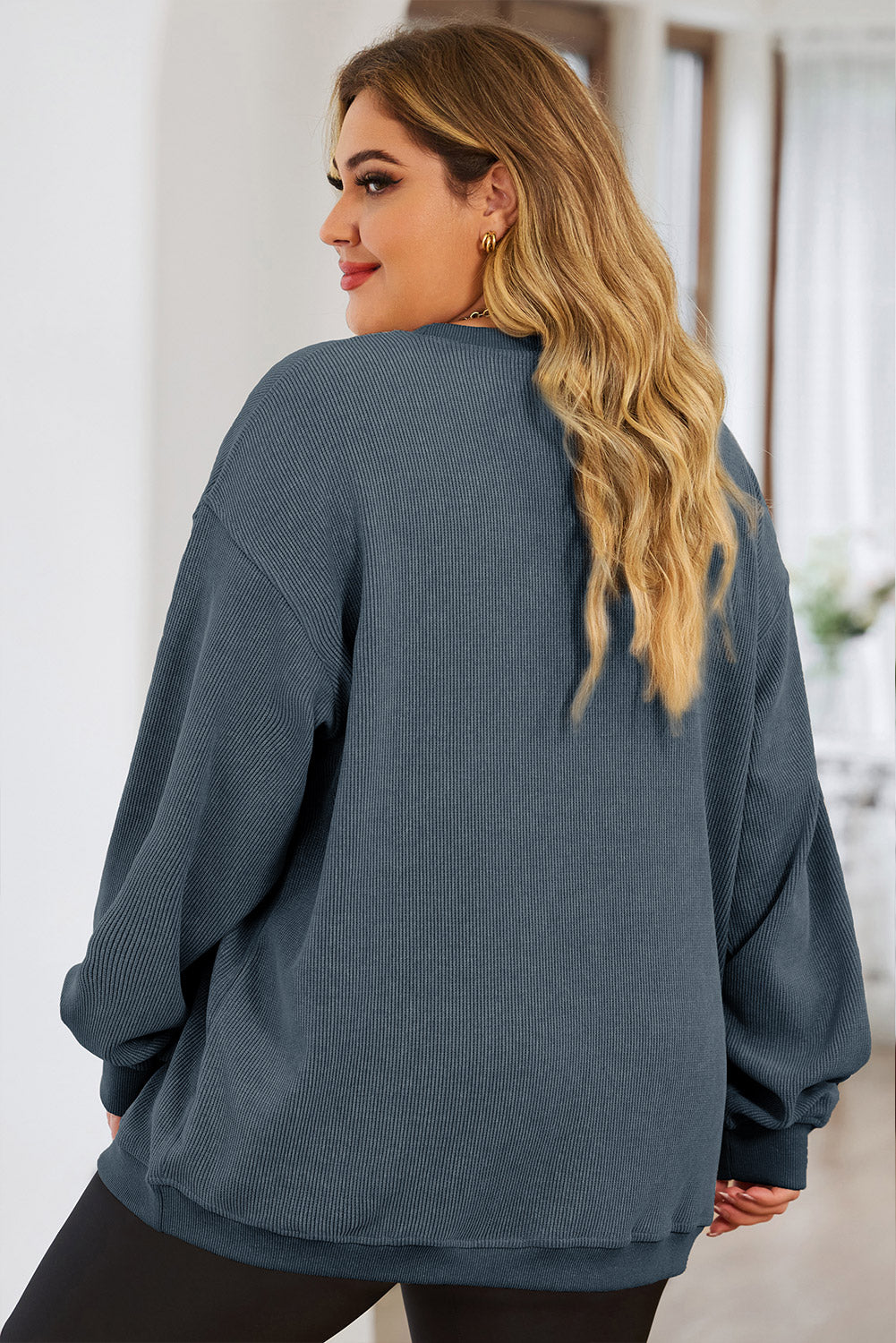 Plus Size Heart Ribbed Round Neck Sweatshirt