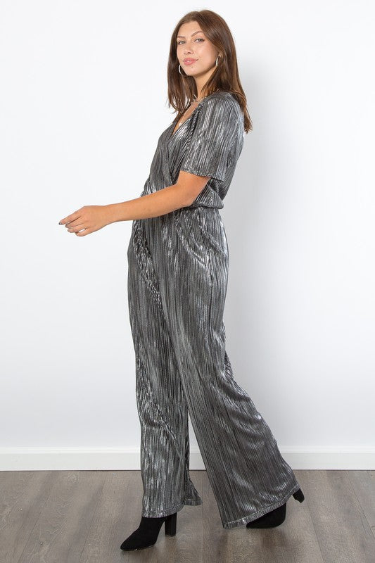 Be Stage Surplice Short Sleeve Pleated Foil Jumpsuit